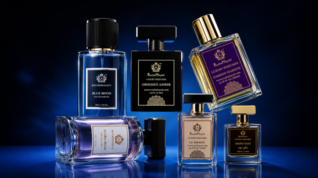Luxury RocheHayatt perfume collection featuring Blue Moon, Obsessed Amber, Damson Warmth, Flora Musk, La' Persian, and Manu Oud bottles on a glossy blue reflective surface.